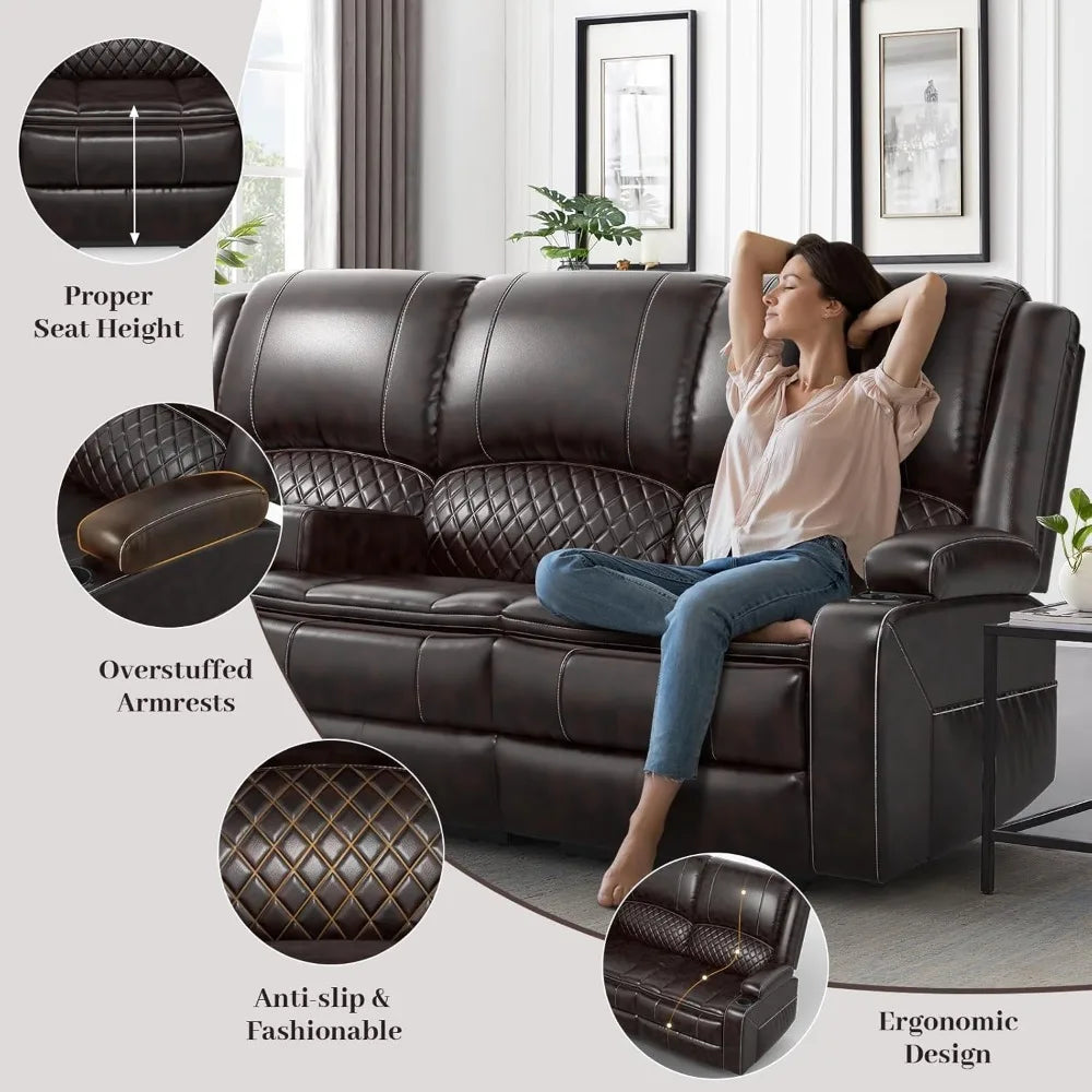 Living Room Recliner Sofa, 3-Seater Manual Reclining Sofa with 2-Tier Cushion, Reclining Couches for Living Room with Removable Console