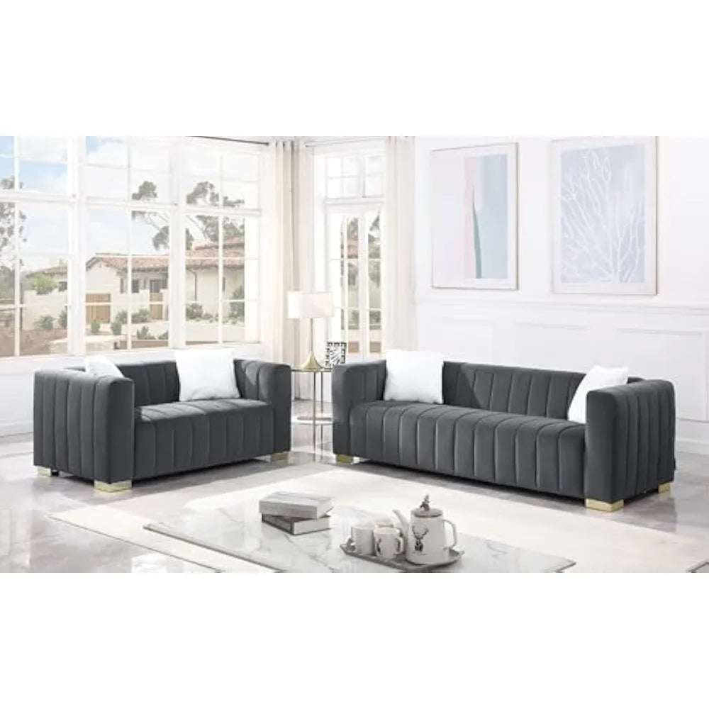 Living Room Modern Sofa and Loveseat Set for Living Room, Velvet Chesterfield 2-Pcs Upholstered Sofa Couch for Apartment Bedroom Office, Strong