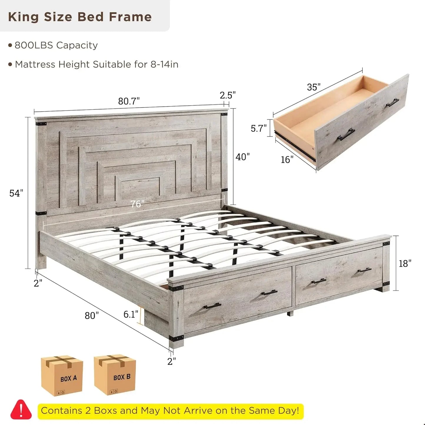 Bed Frame Farmhouse King Size, Rustic Wood Platform Bed with Wood Slats Support, No Box Spring Needed, Light Rustic Oak