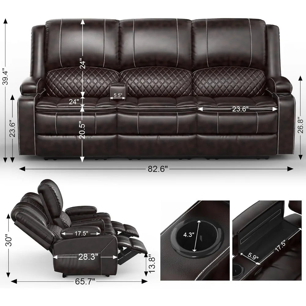 Living Room Recliner Sofa, 3-Seater Manual Reclining Sofa with 2-Tier Cushion, Reclining Couches for Living Room with Removable Console