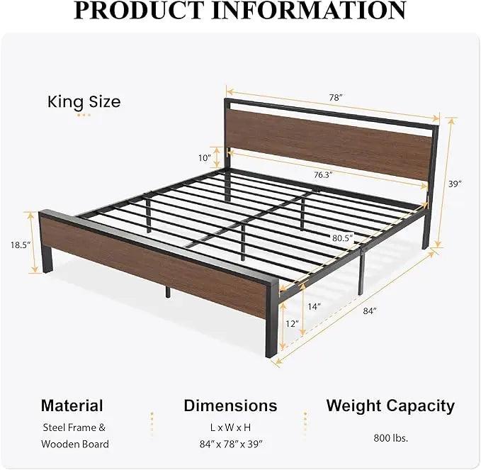 Bed Frame Metal Platform King Size, Queen Size or Full Size with Wooden Headboard and Footboard, Mattress Foundation, No Box Spring Needed