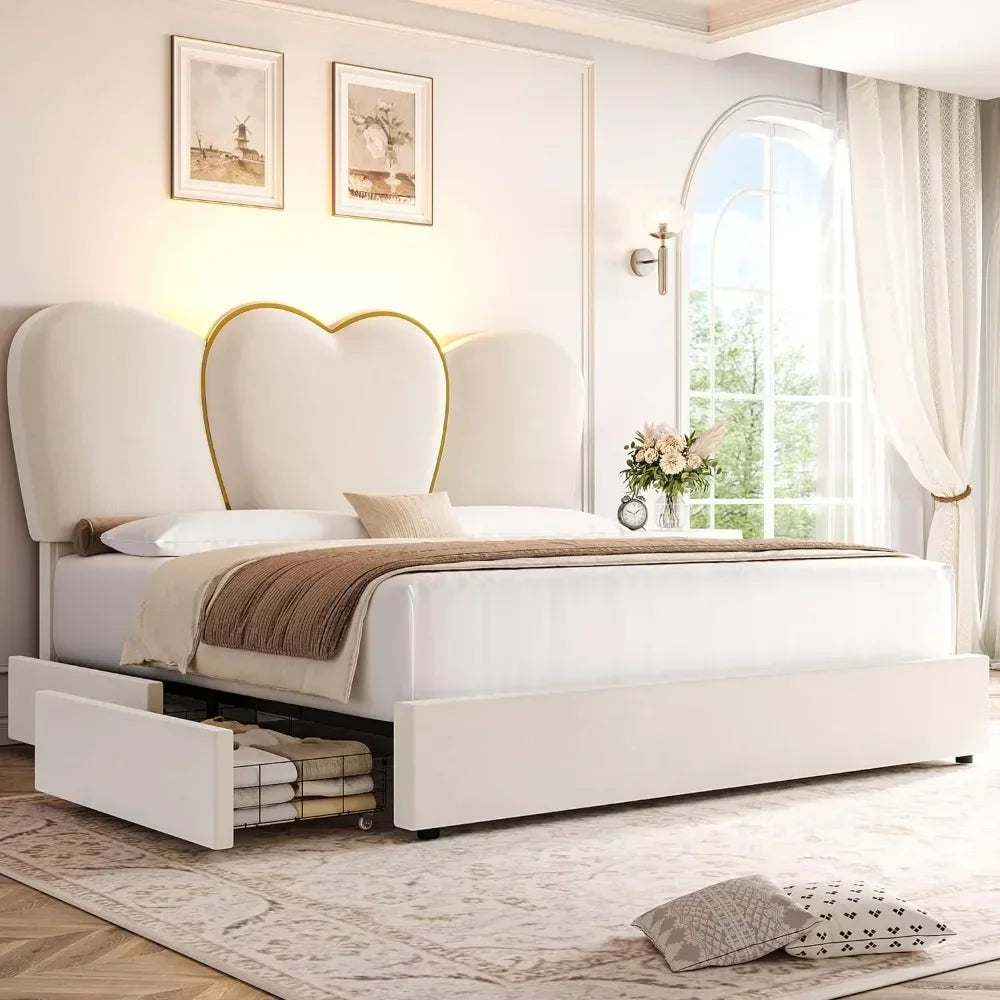 Bed Frame King LED with 4 Storage Drawers, Modern Velvet Upholstered Platform Bed with 55 Tall Heart Shaped Headboard, Beige Bed