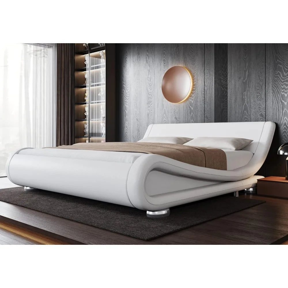 Upholstered Platform King Size, Queen Size or Full Size Bed Frame with Ergonomic & Adjustable Headboard, Modern Low Profile Sleigh Design