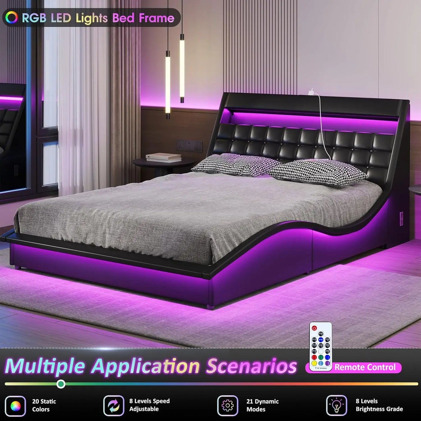 Bed Frame Queen Size or Full Size with Wave-Like Curve Design PU Leather Upholstered Platform Bed Frame with Charging Station&LED Lights