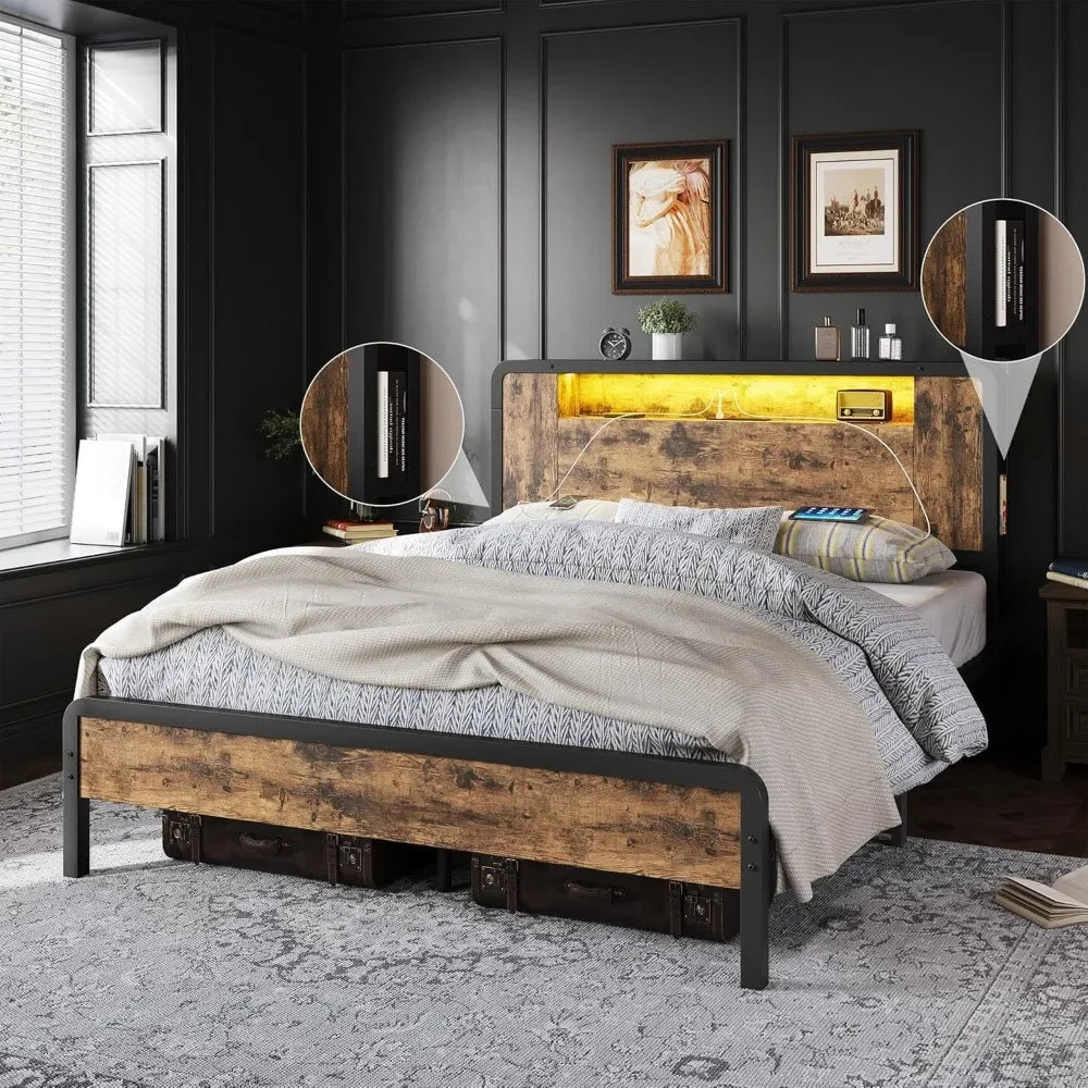 Bed Frame Queen Size or Full Size Bed with Wooden Headboard/Footboard, Storage Space and Adjustable LED Light, Mattress Foundation