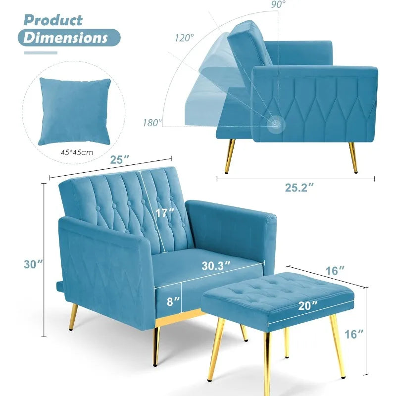 Chair, Velvet Accent Chair with Adjustable Backrest and Armrests, Single Recliner Armchair for Living Room, Bedroom , Baby Blue