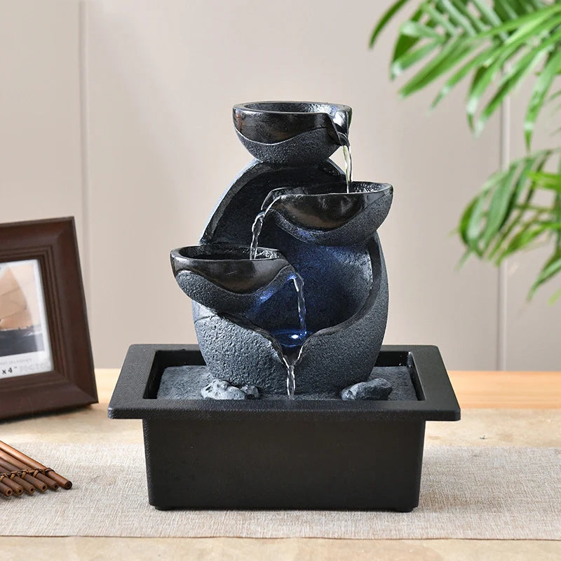 Indoor Electric Tabletop Fountain with LED Lights - Decorative Tiered Rock and Waterfall Design Quiet Soothing Water Sound