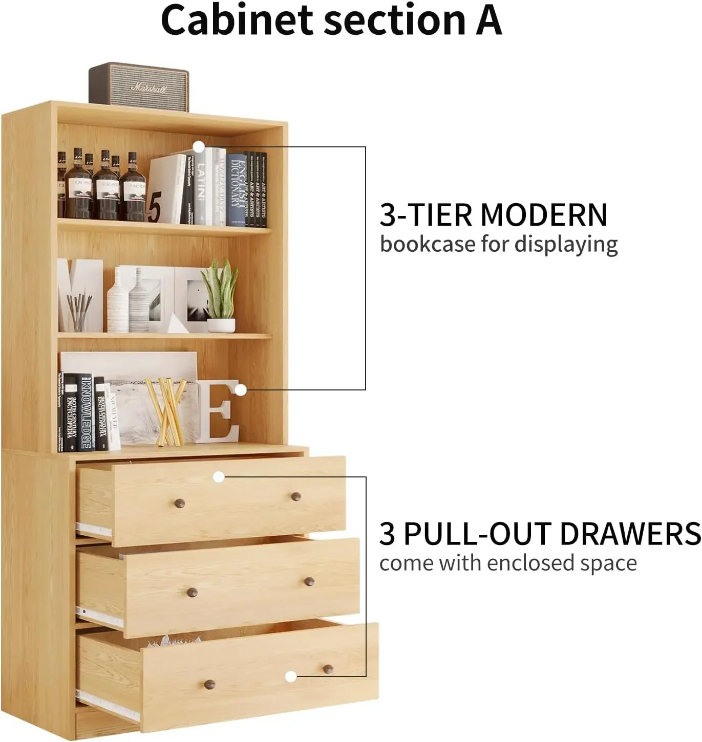 Vertical File Cabinet, 3-Tier Modern Bookshelf with 3 Large Drawer, Wood Filing Cabinet with Open Storage Shelf, Glass Doors