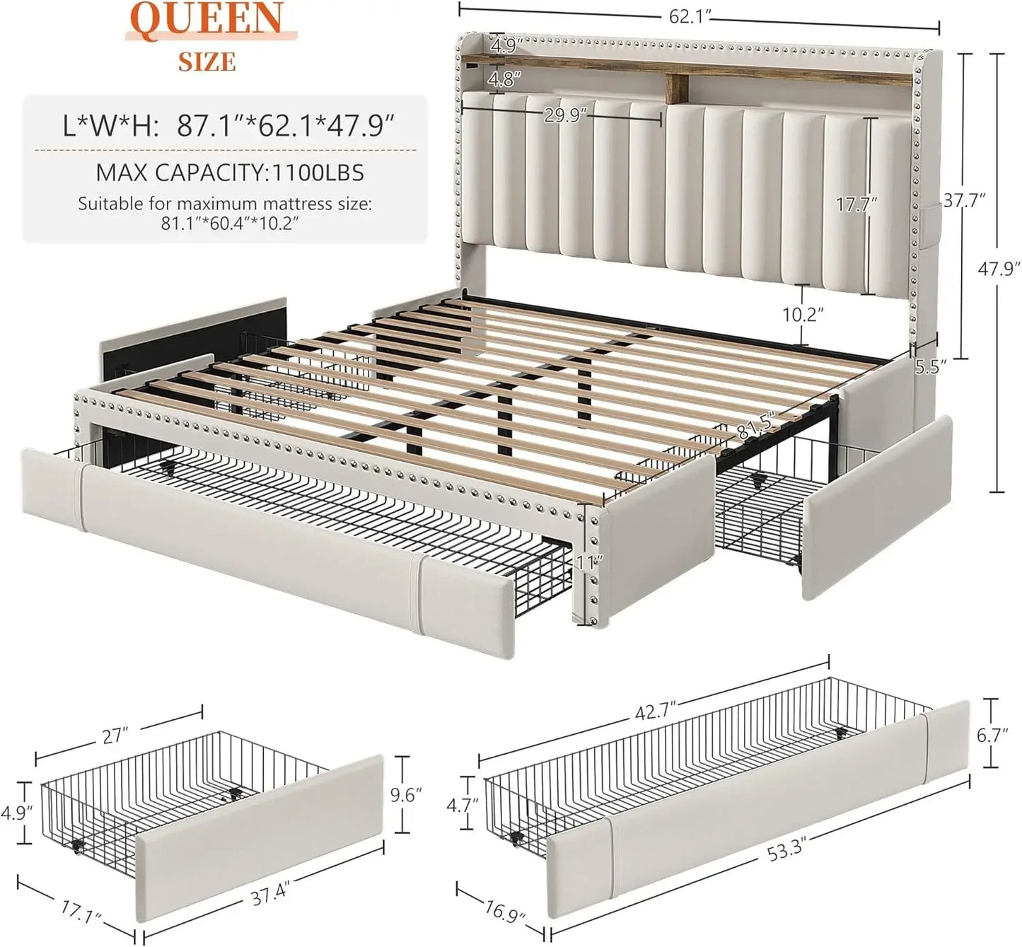 Bed Frame with 3 Drawers, Bed Frame Queen Size with Upholstered Headboard and Storage, 2-Tier Shelves, With Storage