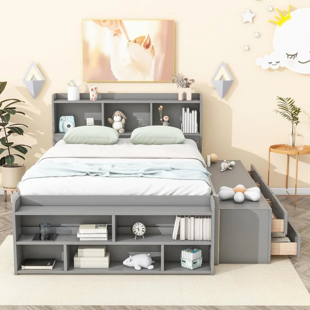 Bed Frame Wood Full Size with Storage, Bookcase Headboard, Platform Bed with 6 Storage Drawers, with Cabinet