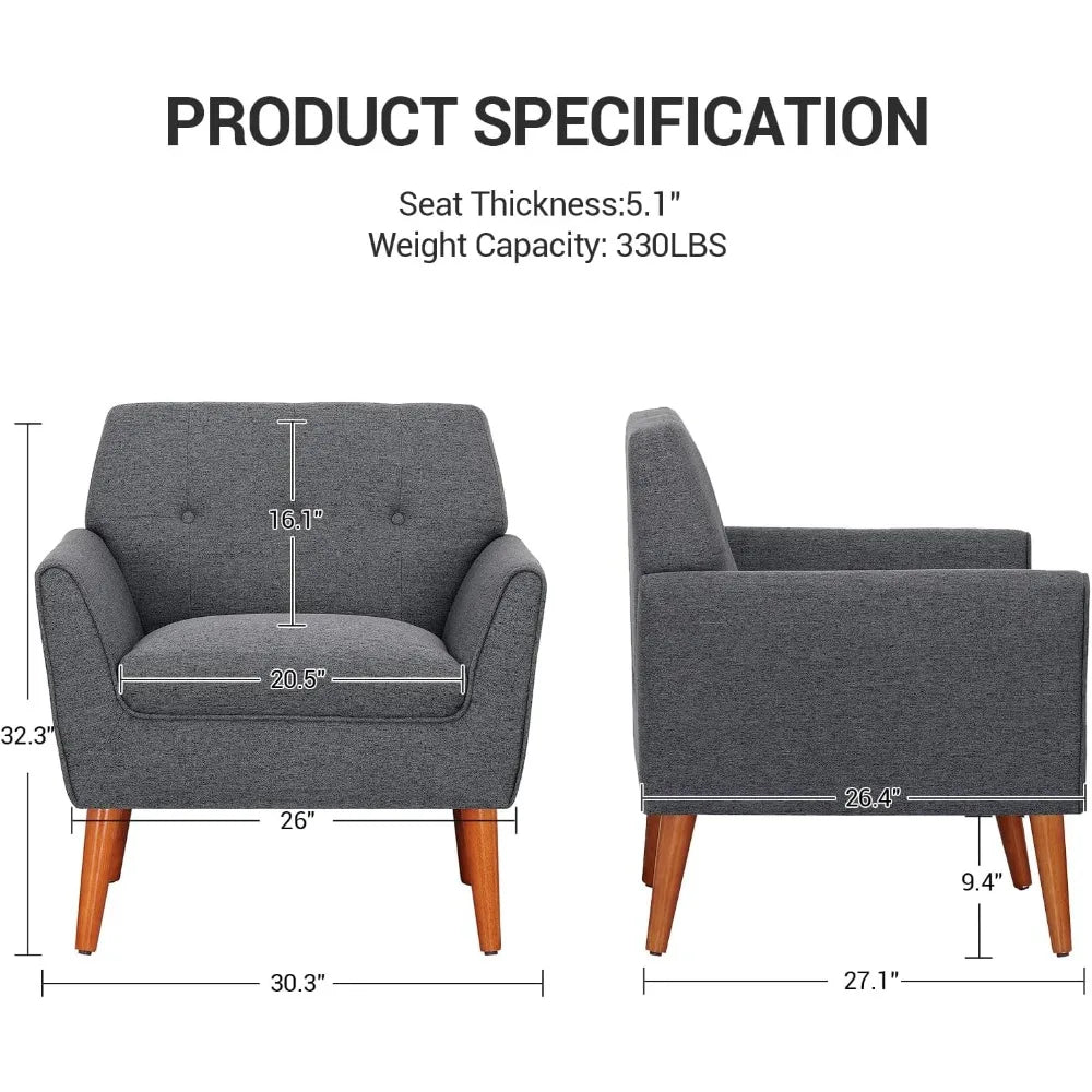 Chair Modern Accent, Comfortable Button Tufted Reading Sofa Chair Comfy Upholstered Linen Fabric Arm Chair for Living Room or Bedroom