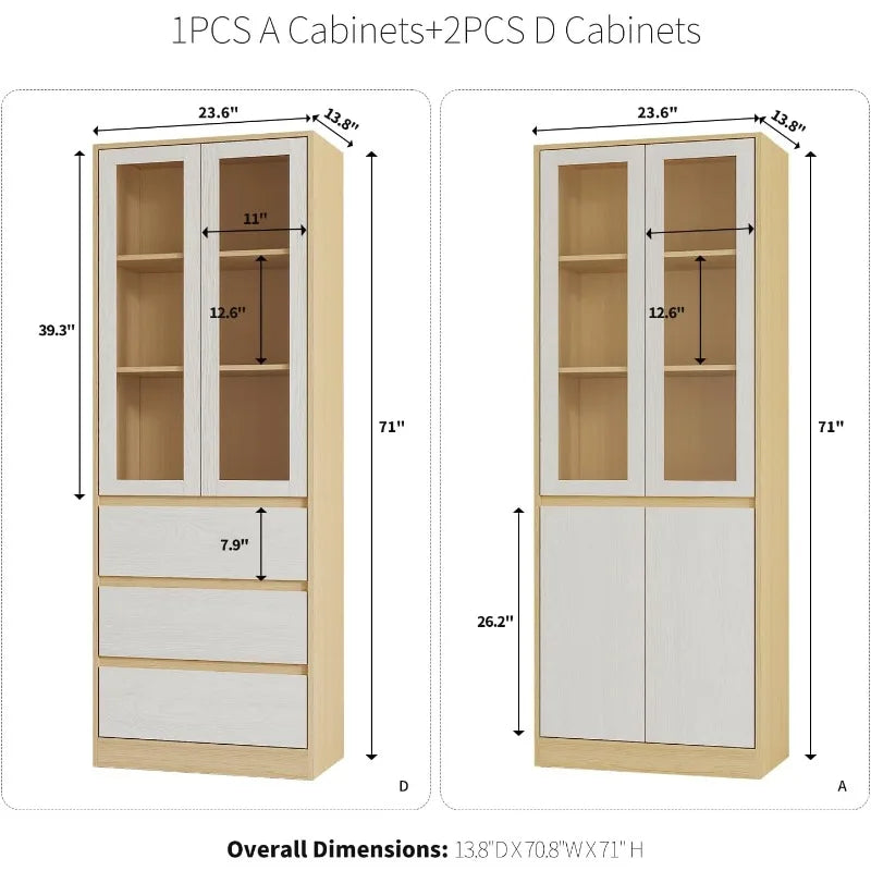 Bookshelf Bookcase 71", 3-Tier Modern Bookshelves 3 Large Drawer, Wood Filing Cabinet Storage Shelf, Glass Doors 5-Tier