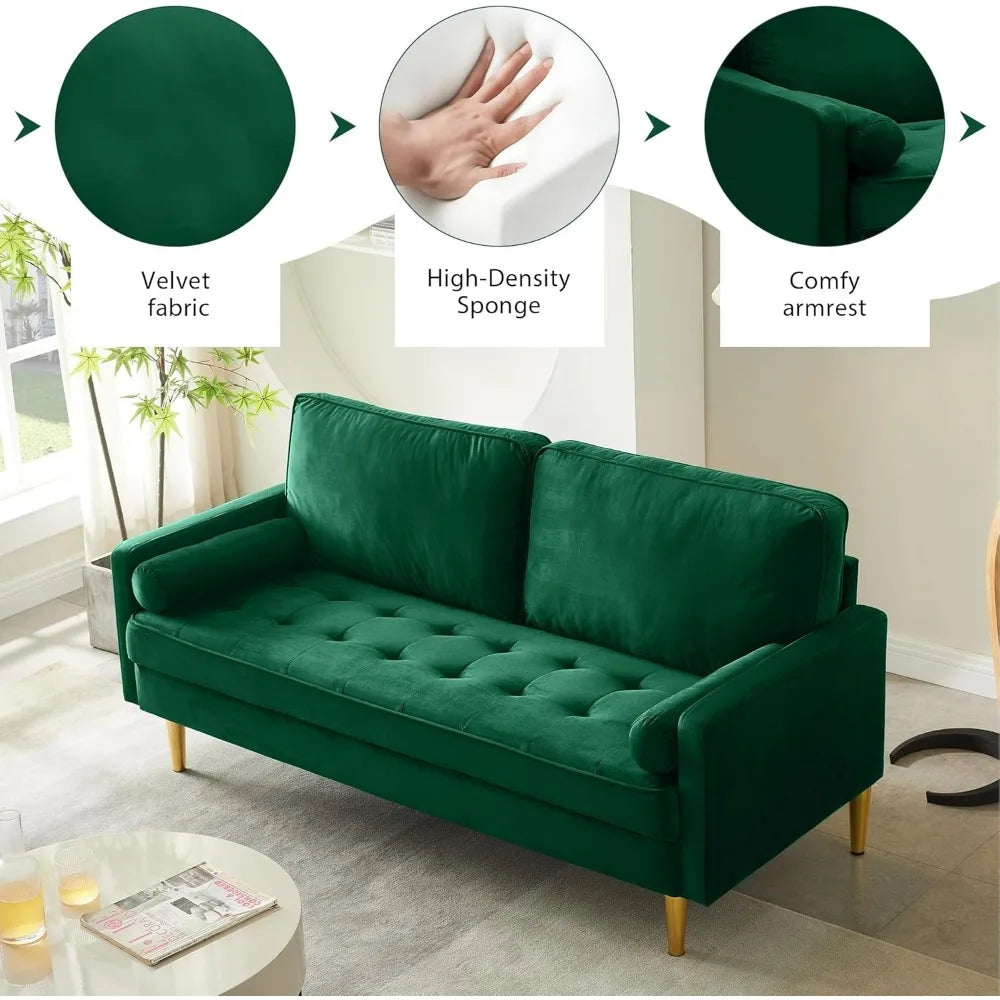 Living Room, Sofa 67" Modern Velvet Loveseat Sofa Couch, Mid-Century Tufted Upholstered Small Love Seat Couch with 2 Pillows & 4 Golden Legs