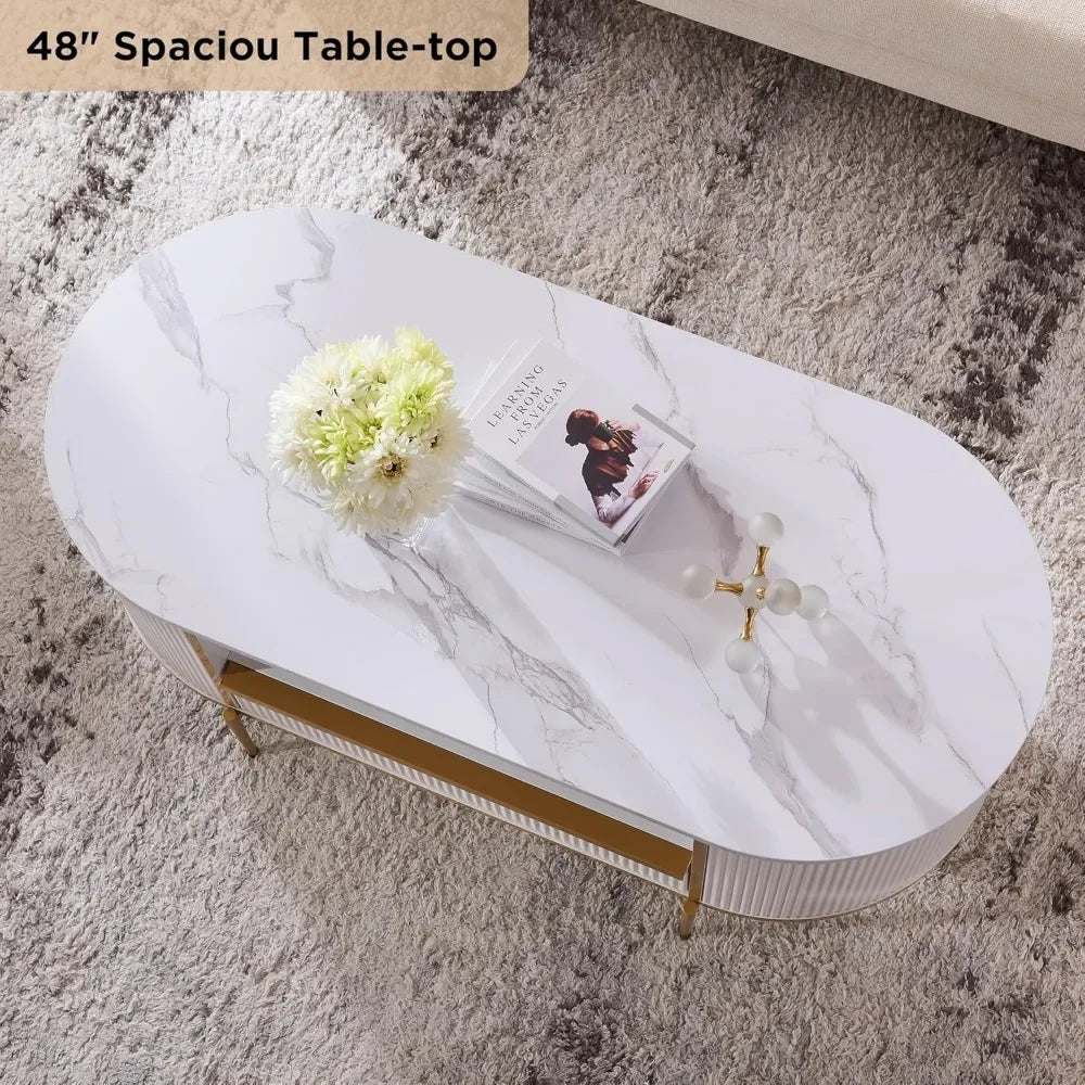 Coffee Table Modern Luxury Fluted , 48" Oval Coffee Table with Drawer, Faux Marble Top, Curved Profile Design