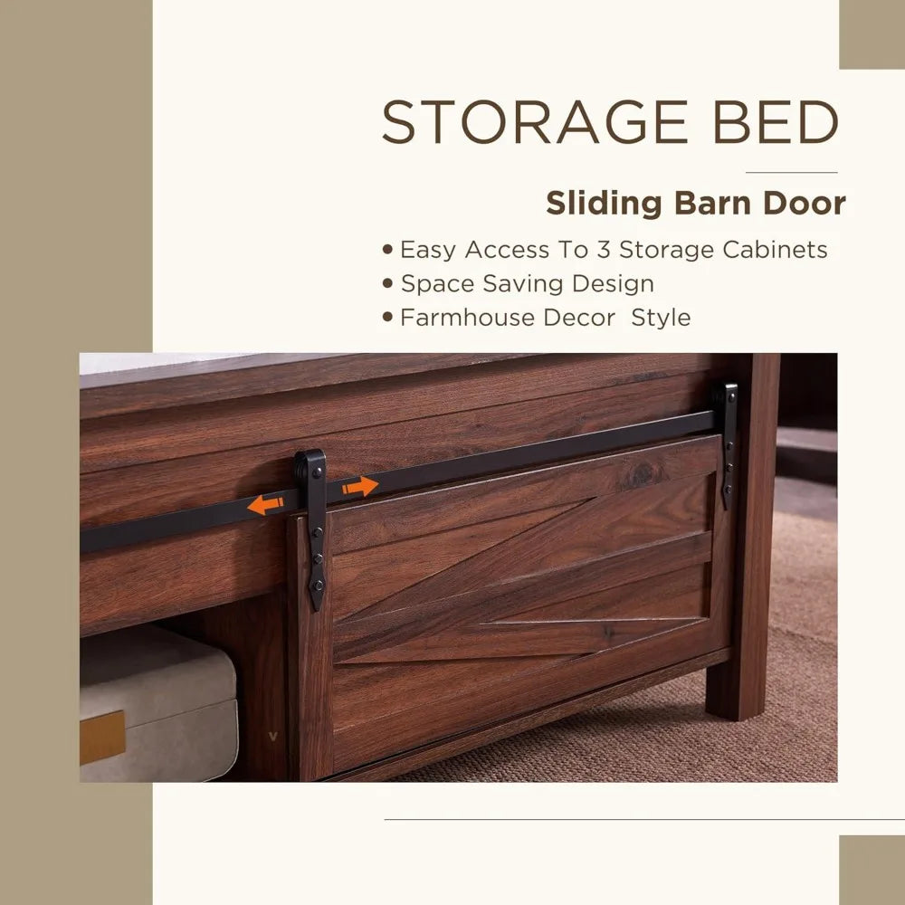 Bed Frame Wood, Queen Size or Full Size  with Sliding Barn Door Storage Cabinets and Headboard, No Box Spring Needed, Bed Frame