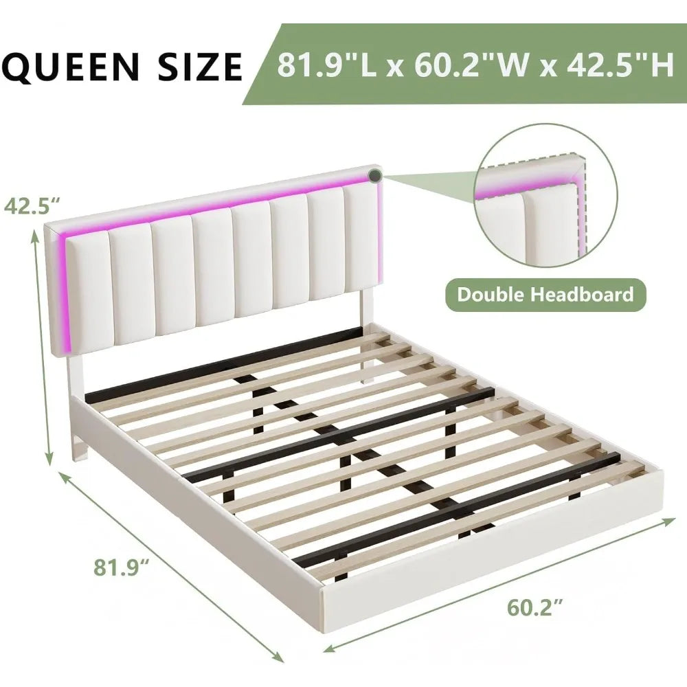 Floating Bed Frame Queen with RGB LED Lights, Upholstered Bed Frame Queen with Headboard, Solid Wood Slats Support