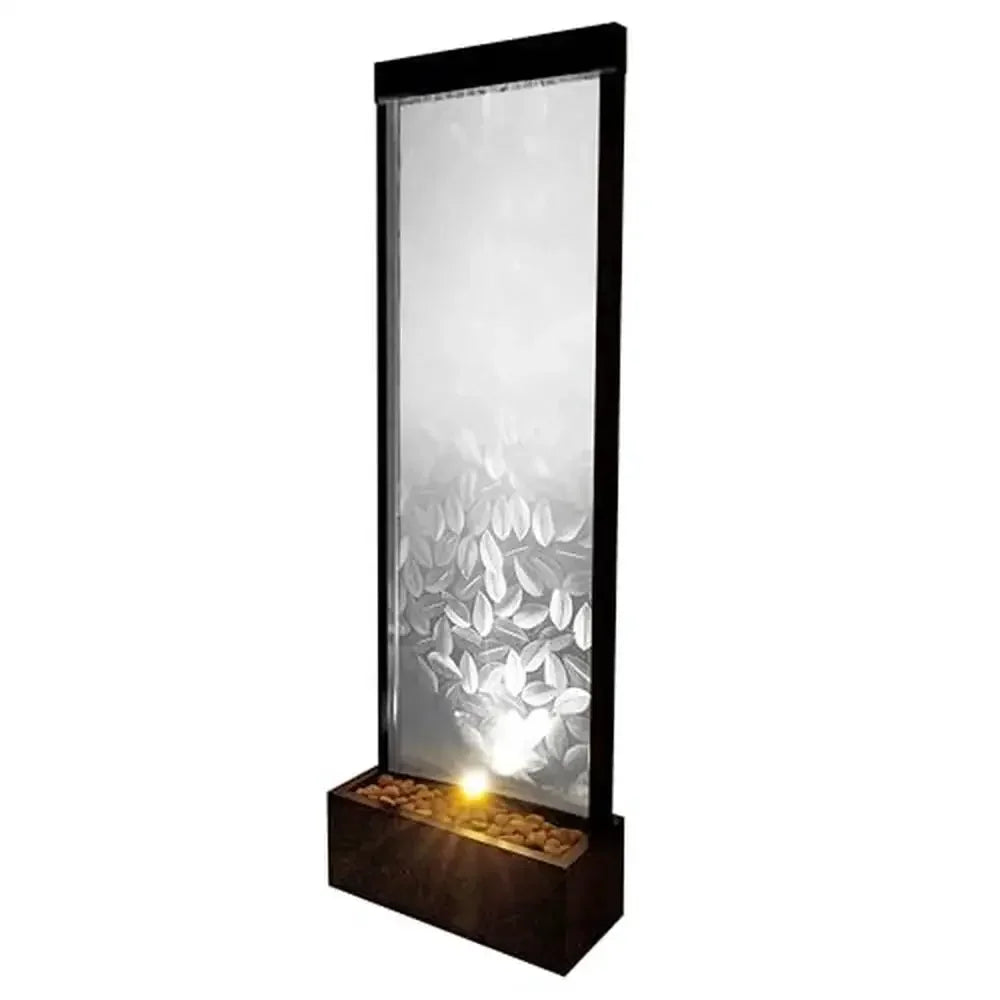 Modern Glass Panel Fountain with LED Light 72" Indoor/Outdoor Waterfall Embossed Leaves Design Relaxing Water Sounds Durable