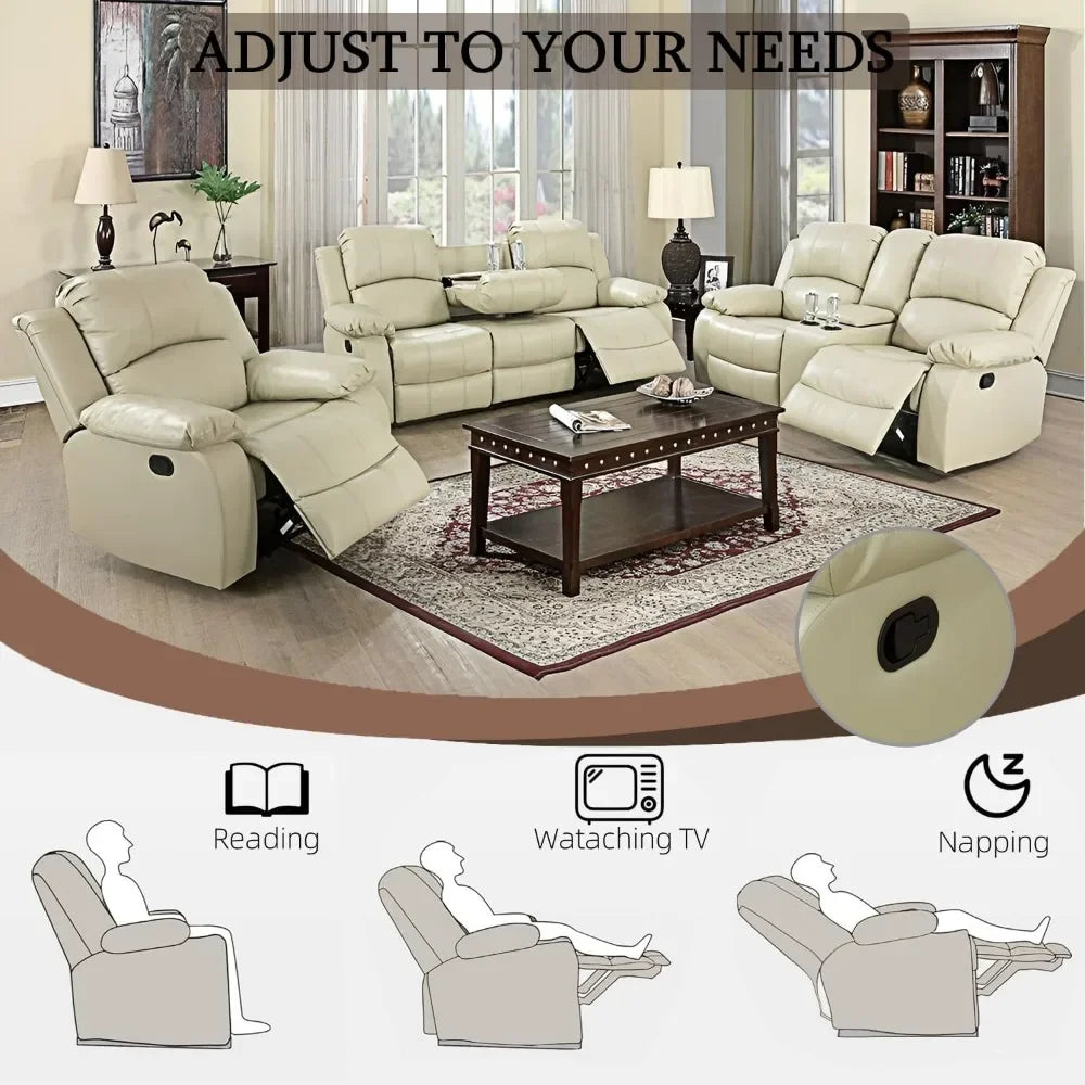 Living Room Leather Recliner Sofa Set, Leather Reclining Sofa, Loveseat, and Chair Set for Living Room Furniture Sets, Beige Recliner Couch Set(Sofa Set 3 Pieces)