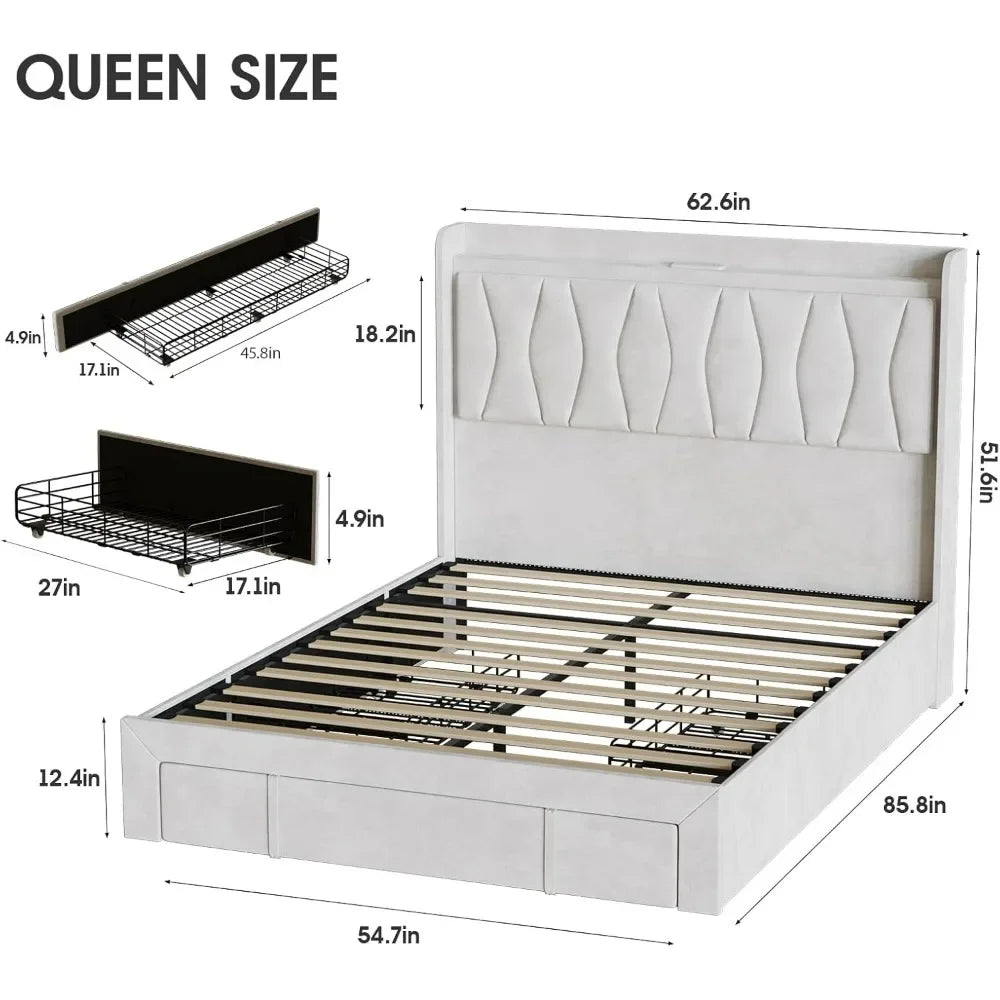 Bed Frame Queen Size or King Size with LED Light and 3 Drawers Storage, Charging Station Wingback Tall Headboard, Upholstered Velvet Platform Bed Frame