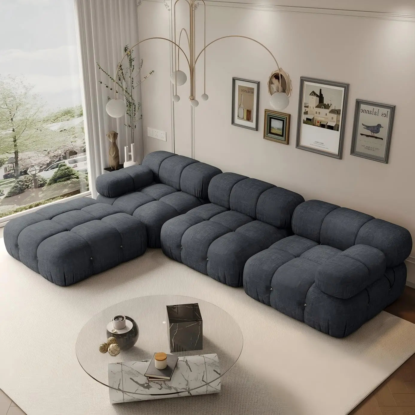 Living Room Modular Compression Sectional Sofa Couches, L-Shaped Cloud Couch with Corner Sectional, 4-Seater Boucle Oversized Sofa with Ottoman