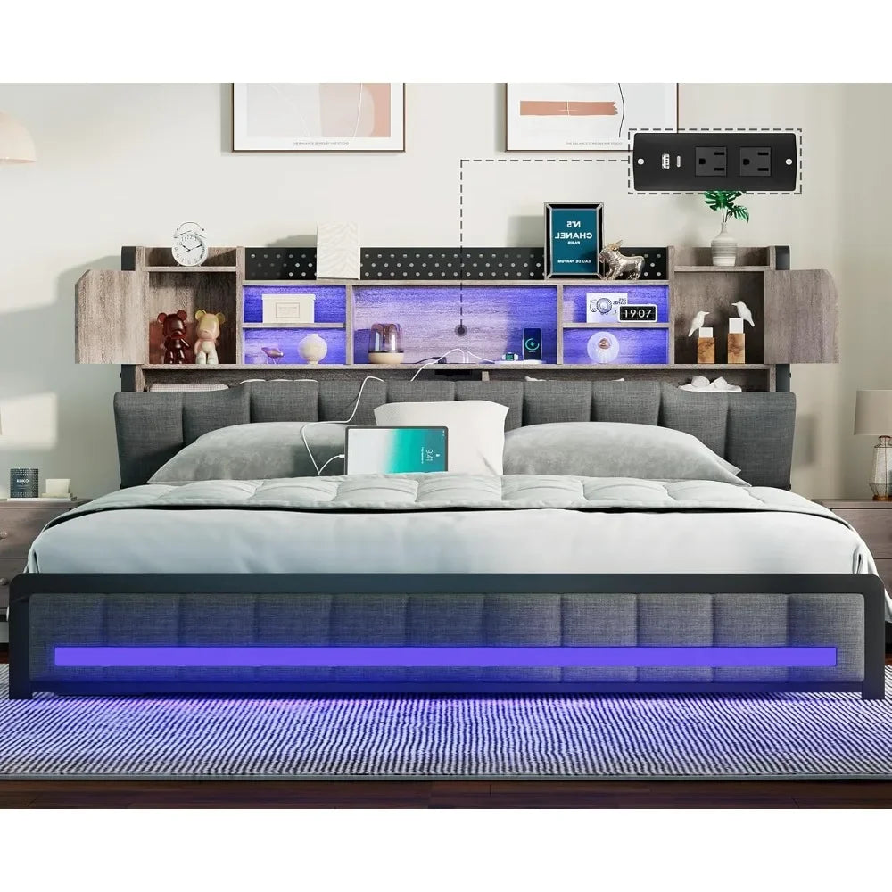 Bed Frame Queen Size with Storage Bookcase Headboard & LED Lights, Upholstered Bed Frame Queen Size with USB Charging Station