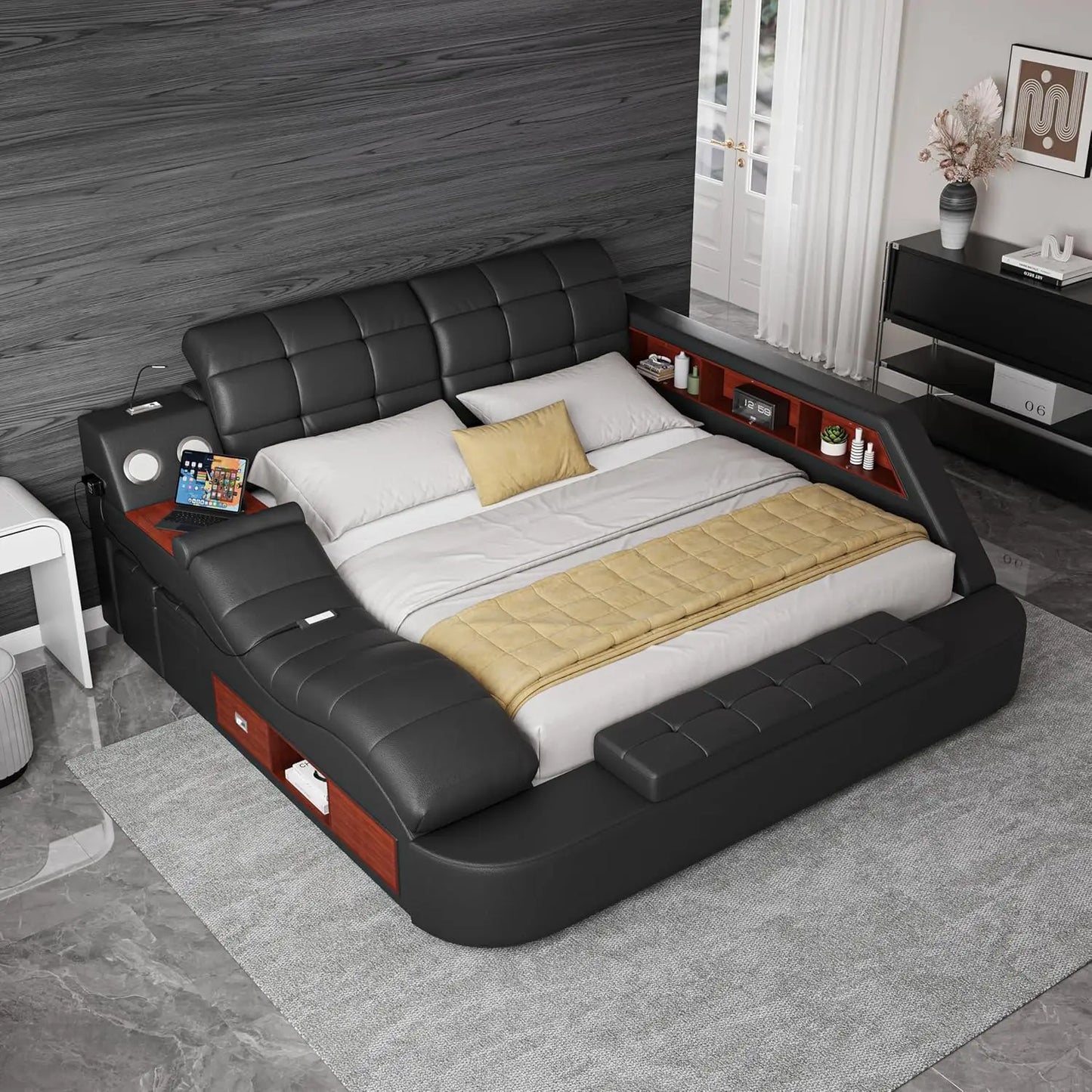 Luxury Smart King Size or Queen SizeBed Frame, Multifunction Bed Frame Upholstered Platform with Massage Recliner/Bluetooth Speaker/USB Charging