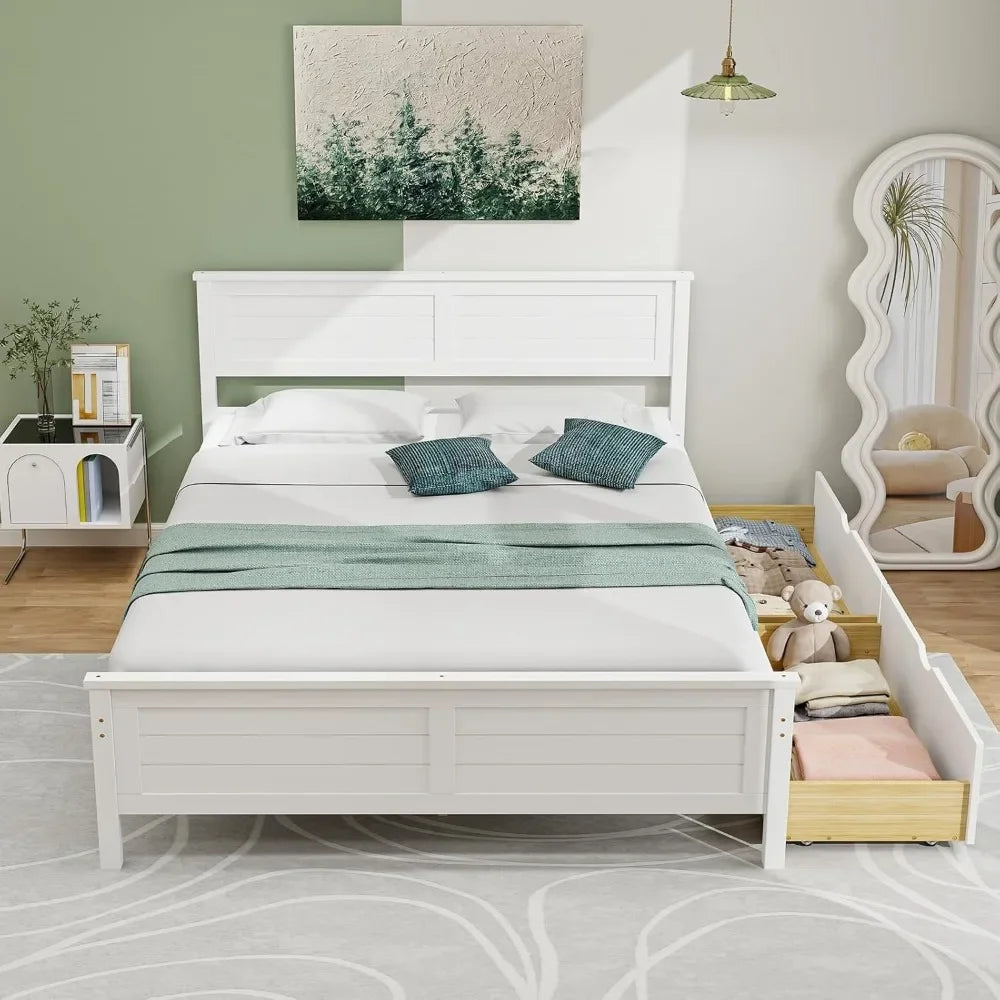 Bed Frame Full Size or Twin Size with 2 Storage Drawers, Solid Wood Platform Bed with Headboard, No Spring Needed, Wood Bed Frame