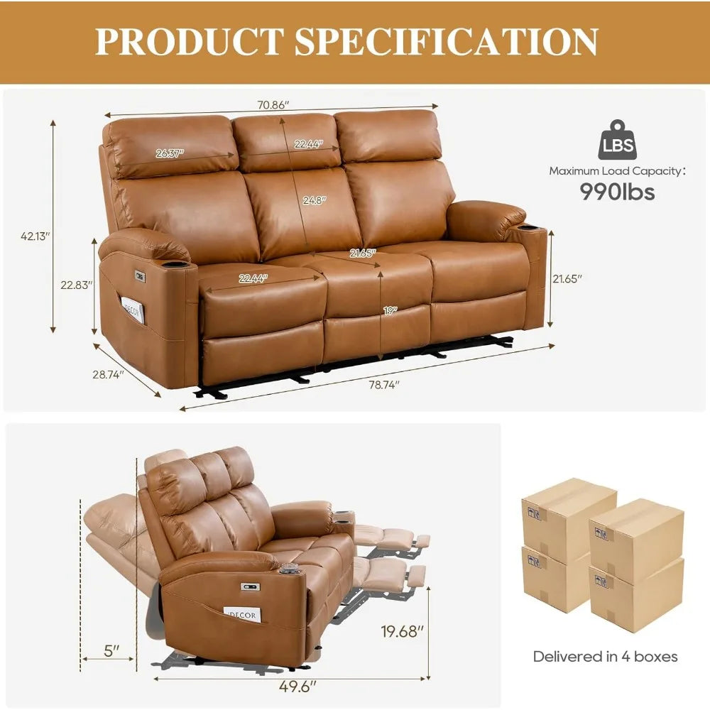 Living Room Reclining Sofa, 3-Seater Recliner Sofa, PU Leather, Home Theater Seating with Flipped Middle Backrest, Power Reclining Couch