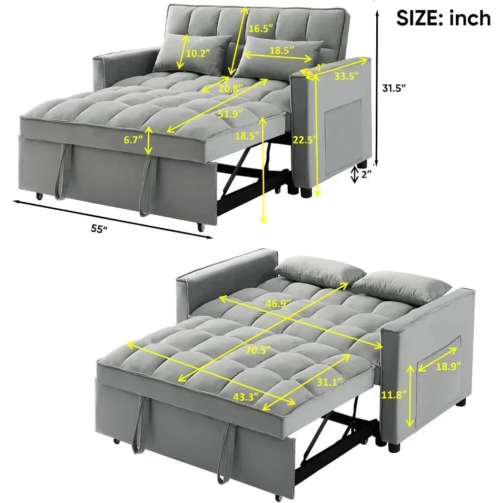 Living Room Modern Velvet Couch w/Pullout Bed, Small Love Seat Lounge Sofa w/Reclining Backrest, Toss Pillows, Pockets, Furniture