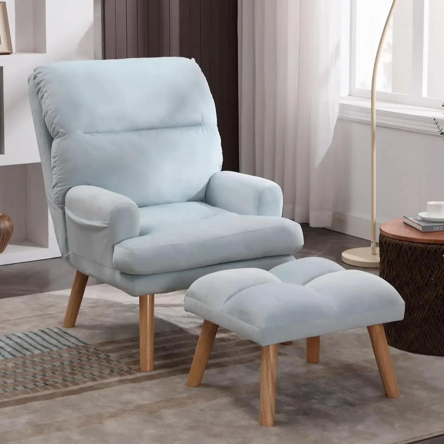 Chair Modern Accent Chair with Ottoman, Soft Fabric Armchair with Adjustable Backrest and Side Pockets, Comfy Lounge Chair