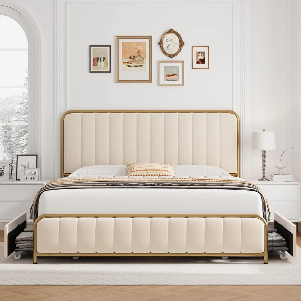 Bed Frame Full Size with 4 Storage Drawers and Headboard, Heavy Duty Metal Mattress Foundation with Wooden Slats