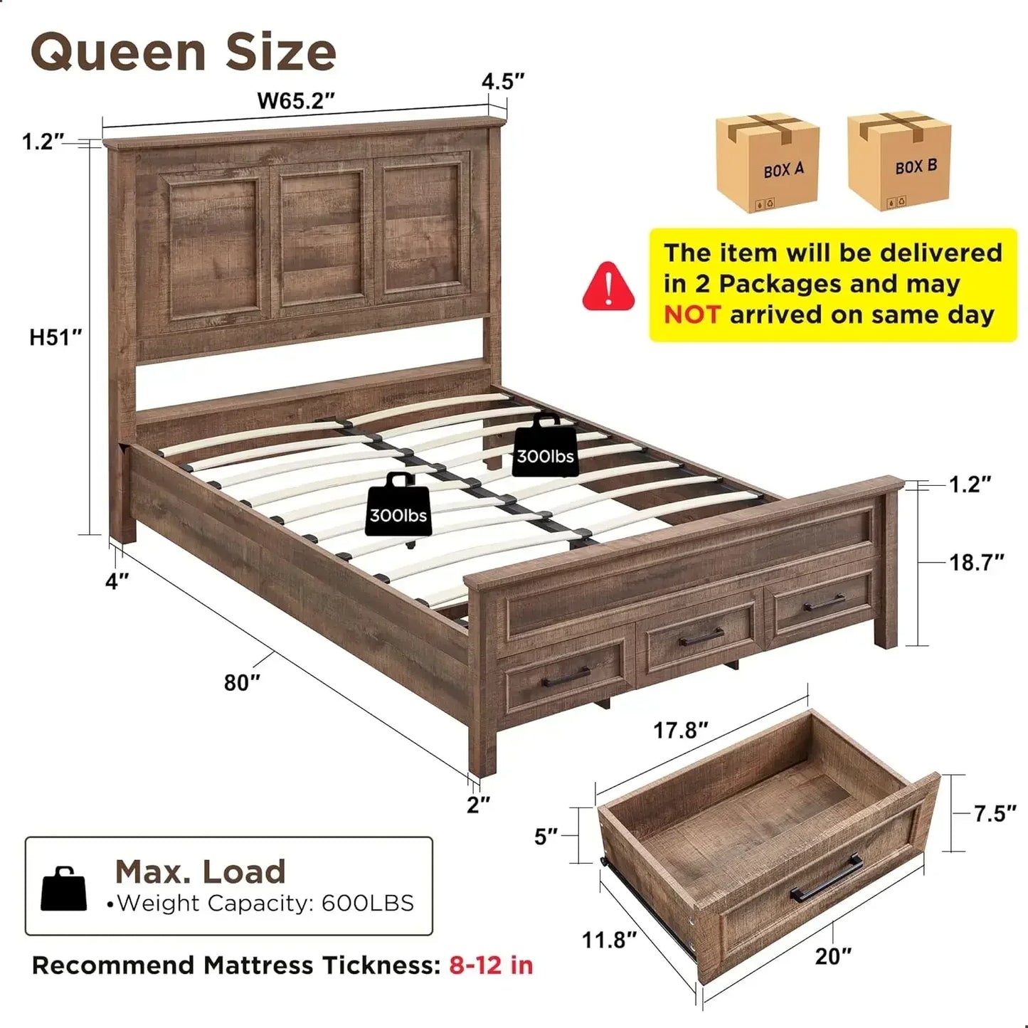 Bed Frame Farmhouse Queen Size with 52" Tall Full-Panel Headboard, Wood Platform Bedframe with Footboard and Storage Drawers