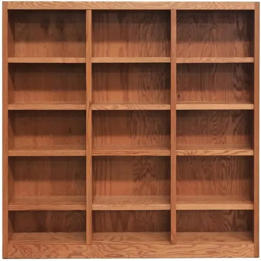 Traditional Triple Wide Wood Bookcase with 12 Adjustable Shelves and 3 Fixed Shelves, Assembly Required, for Home/Office