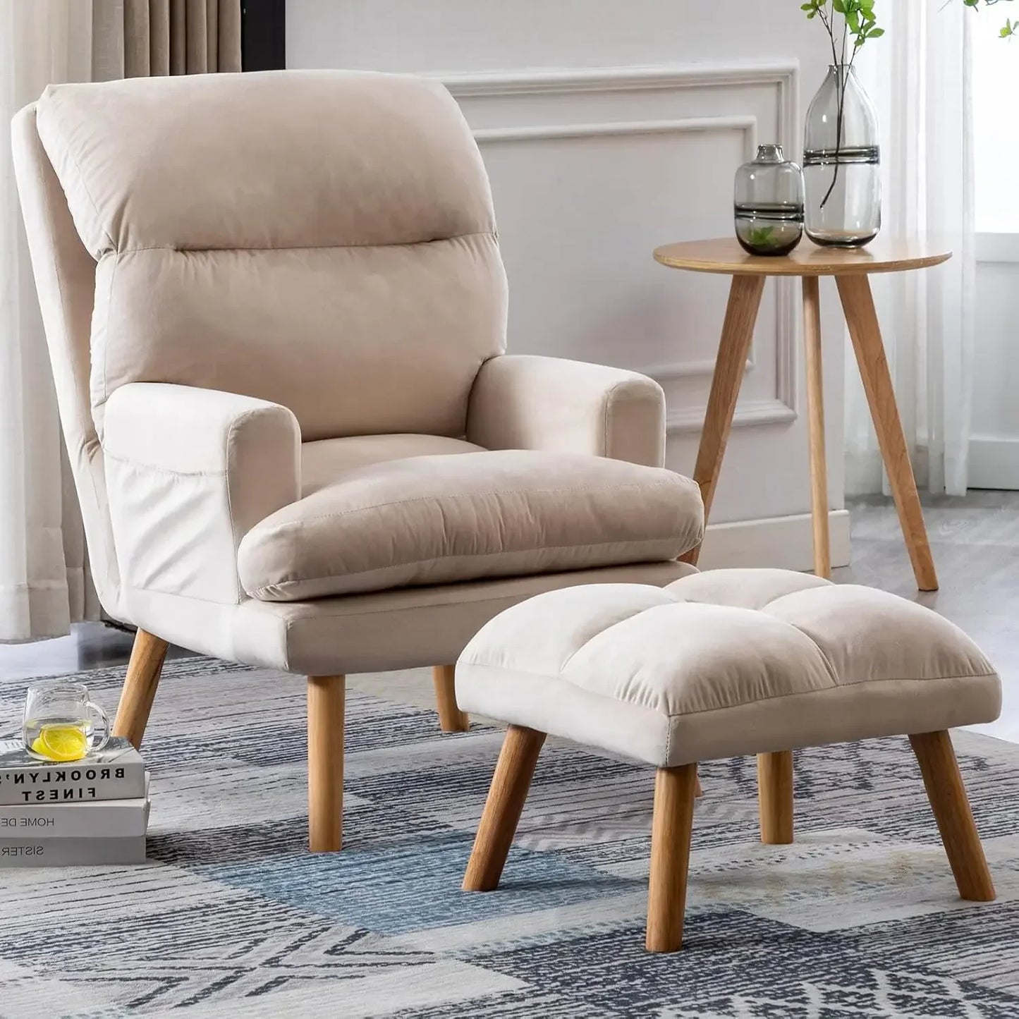 Chair Modern Accent Chair with Ottoman, Soft Fabric Armchair with Adjustable Backrest and Side Pockets, Comfy Lounge Chair