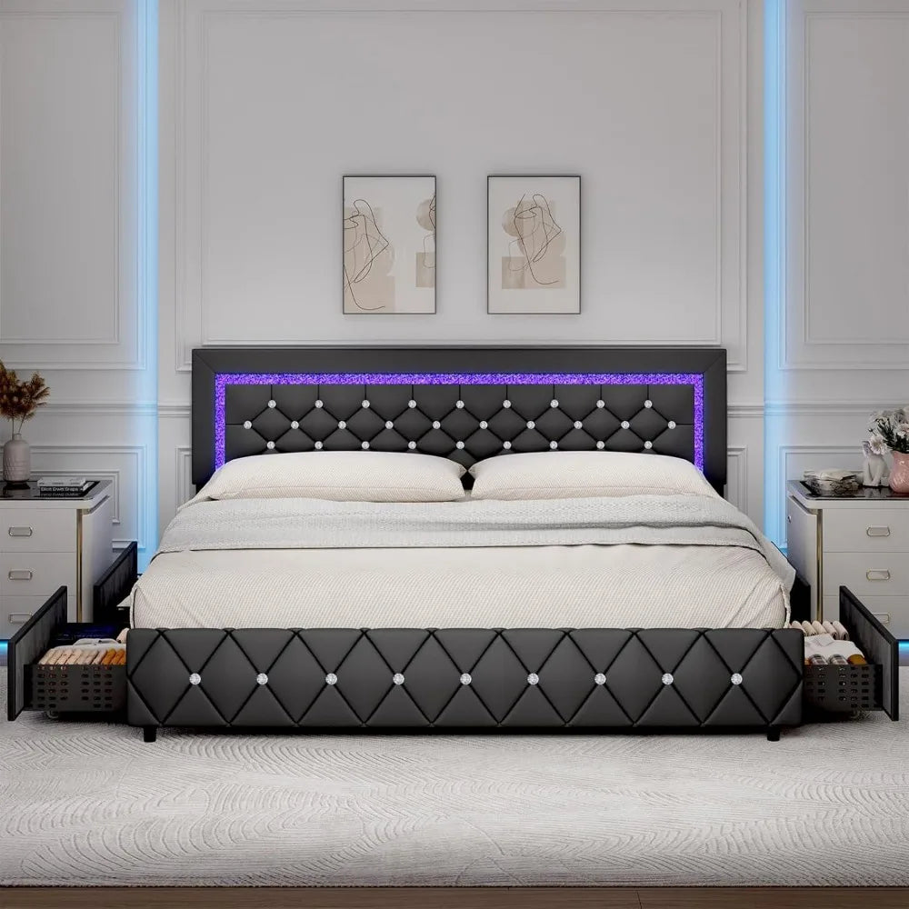 Bed Frame King Size with LED Lights and Storage Drawers, Upholstered Platform Bed with Crystal Tufted Headboard, Wooden Slats