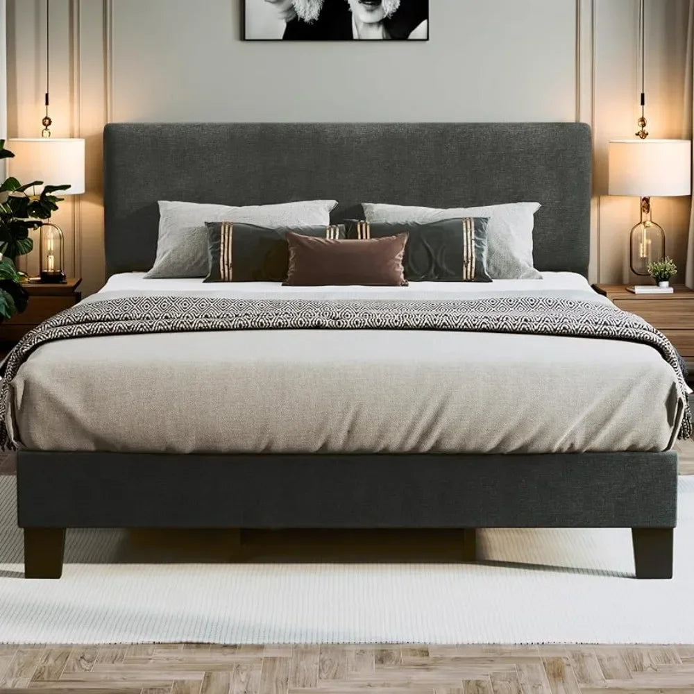 Bed Frame King Size with Adjustable Headboard Upholstered Platform Linen Fabric Headboard Wooden Slats Support Grey Bed Frame