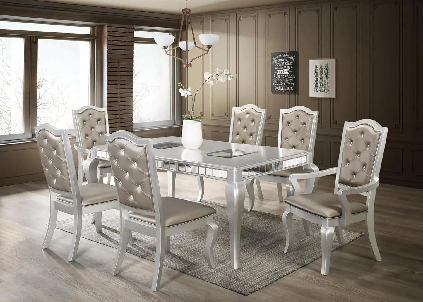 Dining Room Set 7-Piece Set Includes Silver Mirror Trim Rectangular Dining Table with 6 Button Chair in Champagne, Luxurious Furniture Set