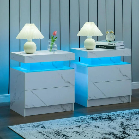 Nightstands, Set of 2, LED Nightstand with 2 Drawers, Bedside Table with LED Lights, Side Tables for Bedroom or Living Room