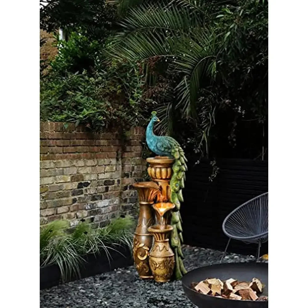 Peacock Pedestal Garden Fountain LED Light Resin Outdoor Urn Water Feature Durable Lightweight Patio Decor 44" Tall Waterfall