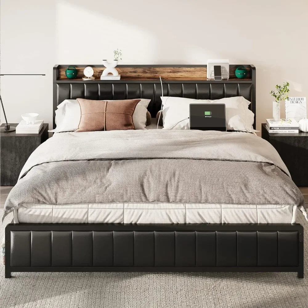 Bed Frame King Size or Full Size Headboard & Footboard, Upholstered Platform Bed with USB Ports & Outlets, Strong Steel Slats