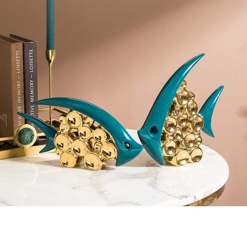 Modern Golden Green Bubble Fish Ceramic Accessories Home Livingroom Desktop Figurines Decoration Coffee Table Furnishing Crafts