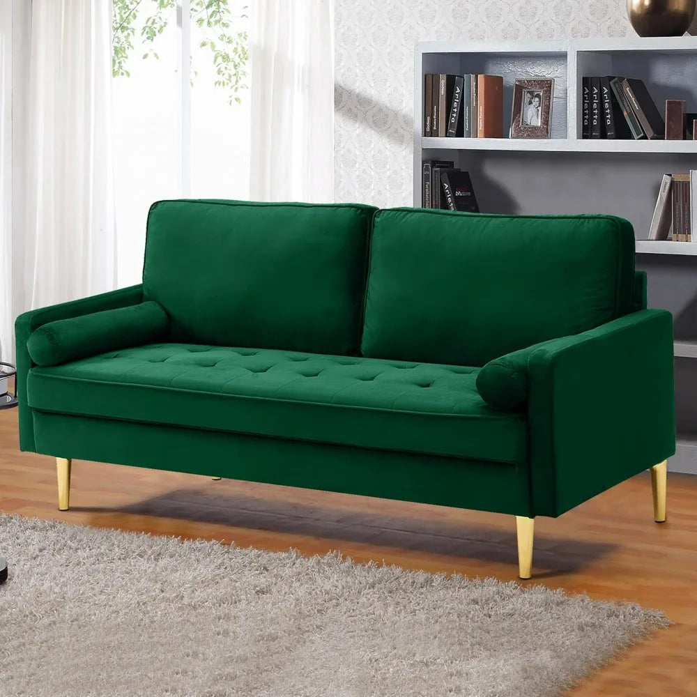 Living Room, Sofa 67" Modern Velvet Loveseat Sofa Couch, Mid-Century Tufted Upholstered Small Love Seat Couch with 2 Pillows & 4 Golden Legs