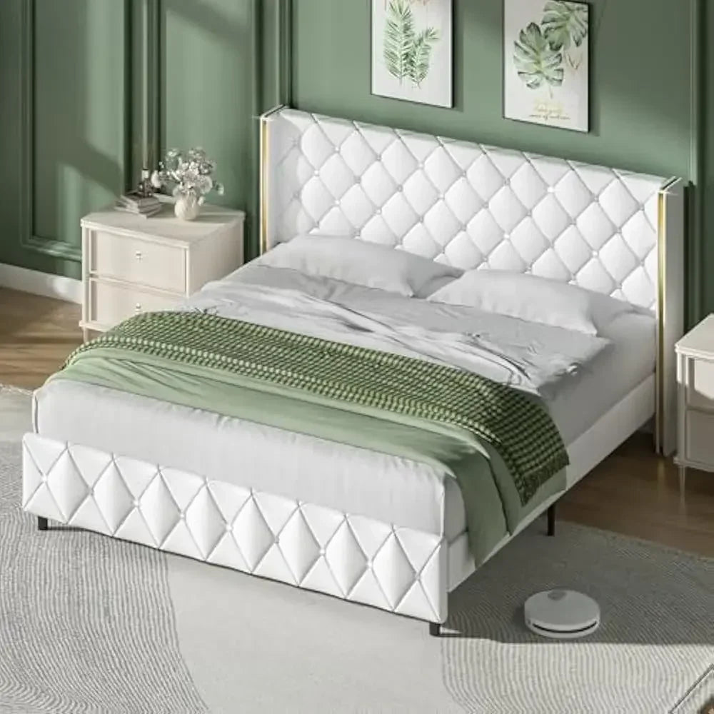 Bed Frame King Size or Queen Size or Full Size with Wingback, Upholstered Beds Frames with Diamond Tufted Headboard and Footboard, No Box Spring Needed