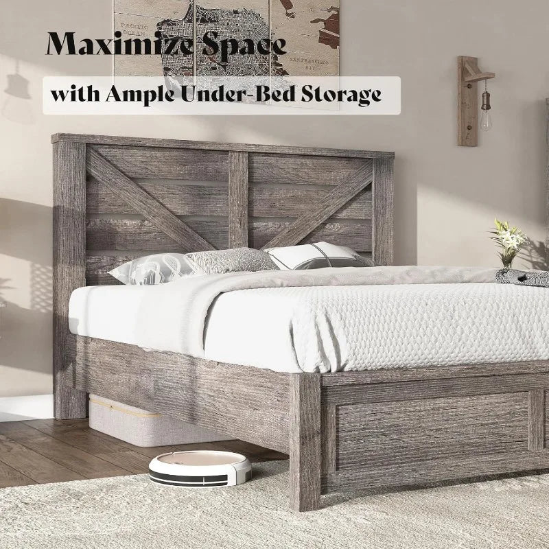 Bed Frame Farmhouse Queen Size with 49.2" Barn Door Headboard Platform Bed Frame with Wood Slats Under Bed Storage Space