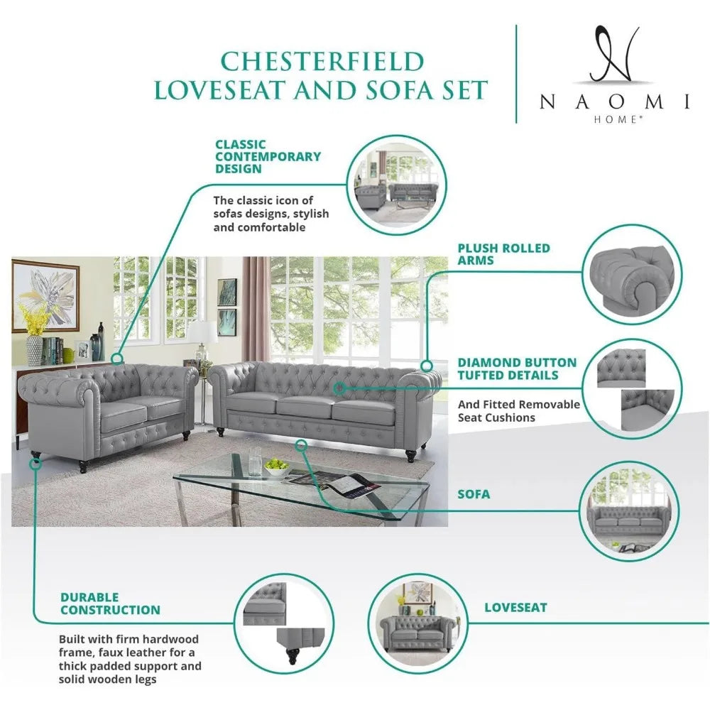 Living Room Chesterfield Sofa Set, Modern Double Leather Sofa, Chesterfield Plush Leather Sofa Chair, Living Room Love Chair Furniture Set