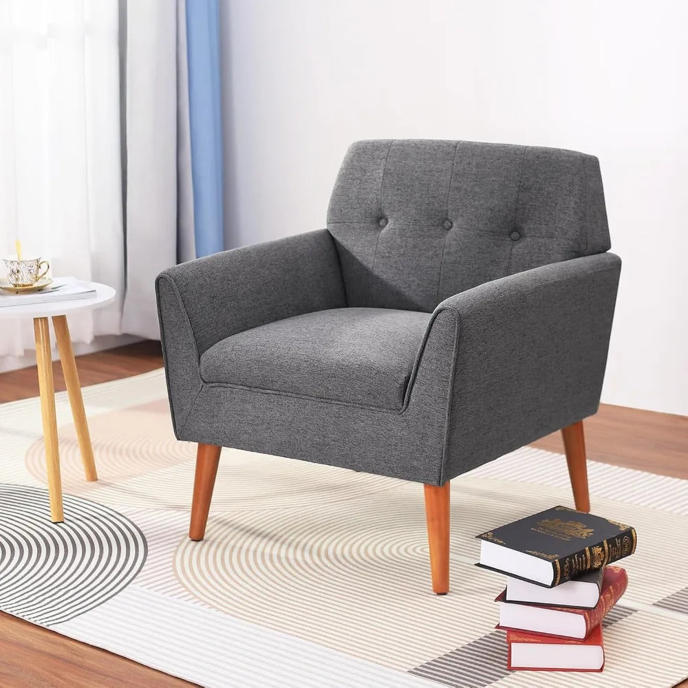 Chair Modern Accent, Comfortable Button Tufted Reading Sofa Chair Comfy Upholstered Linen Fabric Arm Chair for Living Room or Bedroom