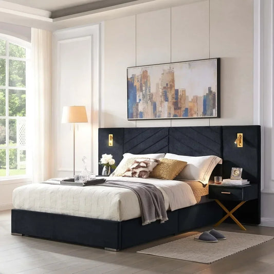 Bed Frame King Size or Queen Size with Built-in LED Lights and Nightstands and Oversize Upholstered Headboard, Bed Frame