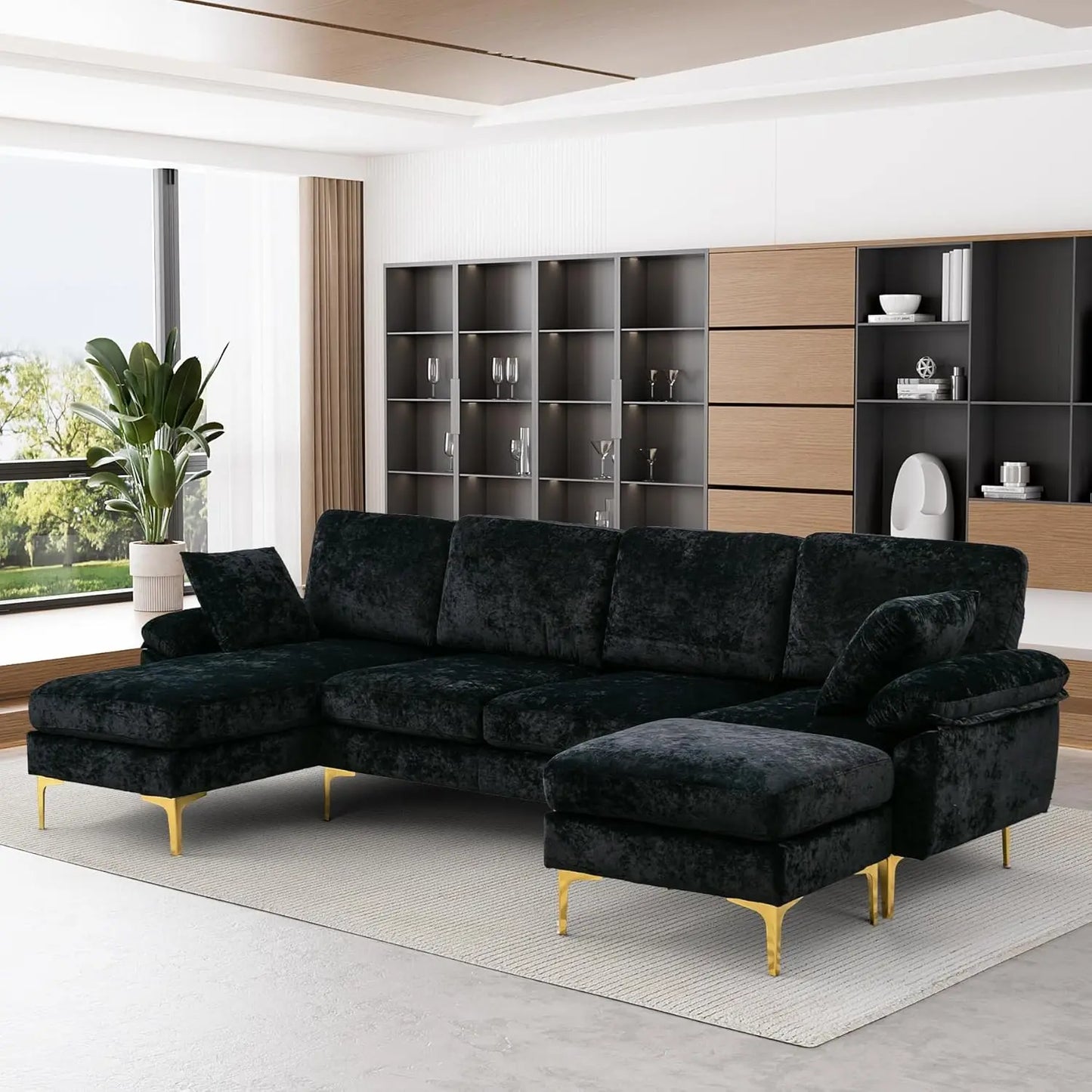 Living Room U-Shaped Sectional Sofa Couch, 4-Seat Sofa Set for Living Room, Convertible L-Shaped Velvet Couch Set with Chaise Lounge