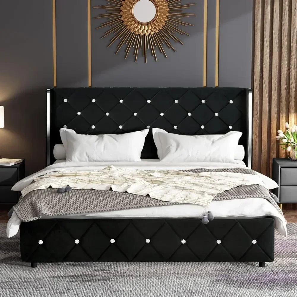 Bed Frame King Size or Queen Size or Full Size with Wingback, Upholstered Beds Frames with Diamond Tufted Headboard and Footboard, No Box Spring Needed