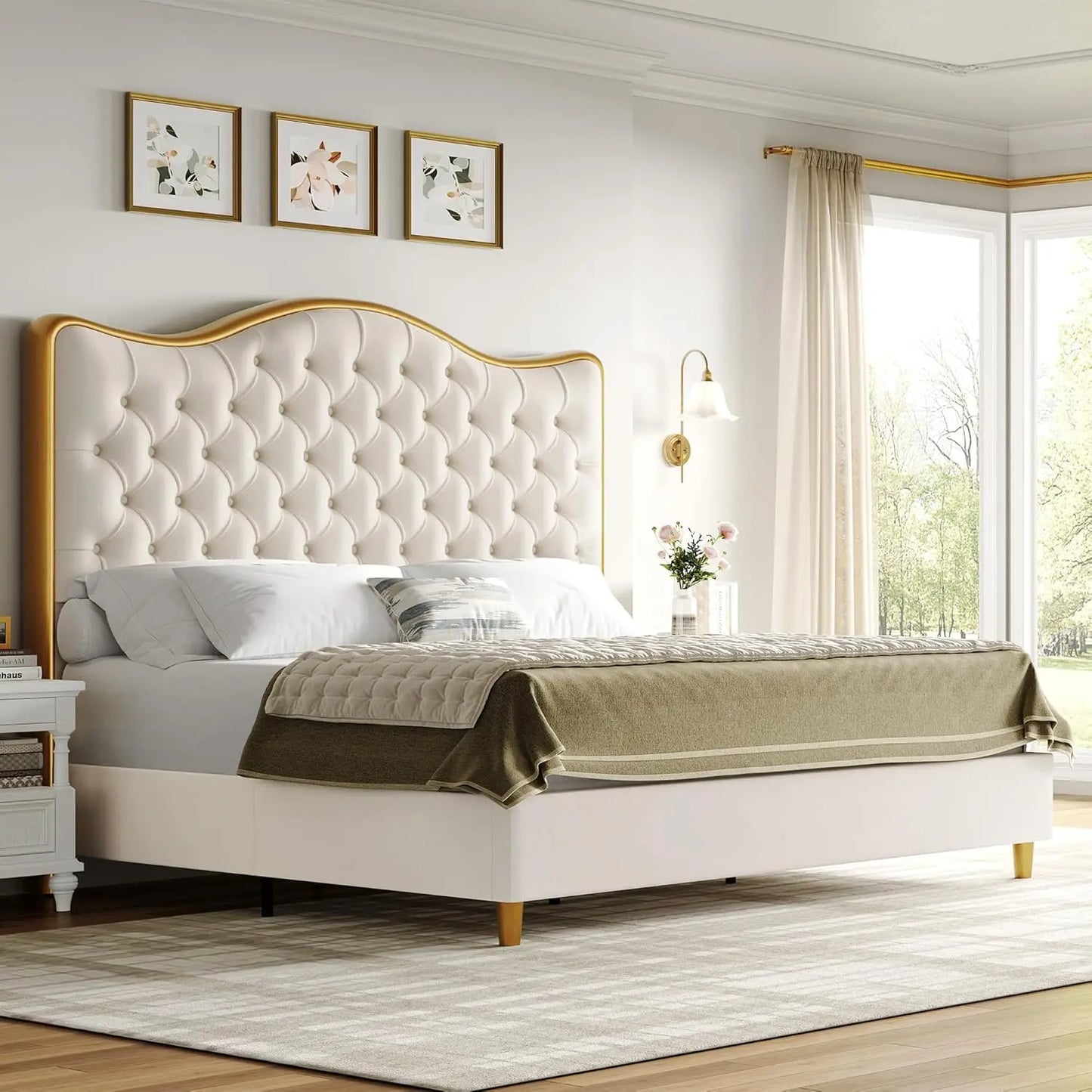 Platform Bed Frame King Size or Queen Size with 55" Tall Curved Headboard, Linen Modern Upholstered Frame with Deep Tufted Button Black/Beige